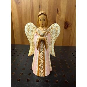 Russian Semenov Angel Figurine Pink Hand Painted Wood Dove 5.5" Folk Art